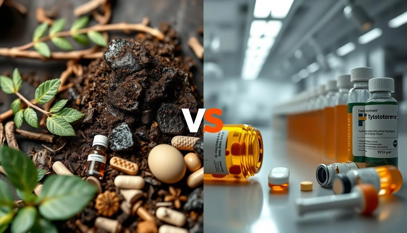 Natural vs synthetic testosterone enhancers comparison showing Shilajit as a superior option