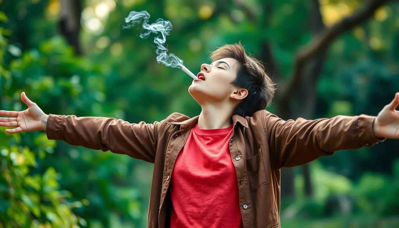 Person enjoying benefits of quitting smoking for good, breathing fresh air in nature