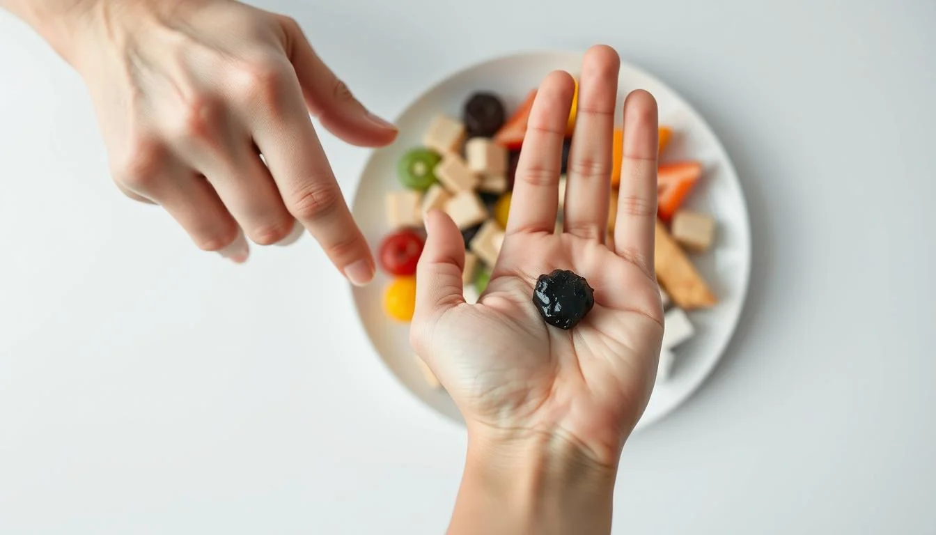 Person rejecting sugary foods while holding shilajit resin